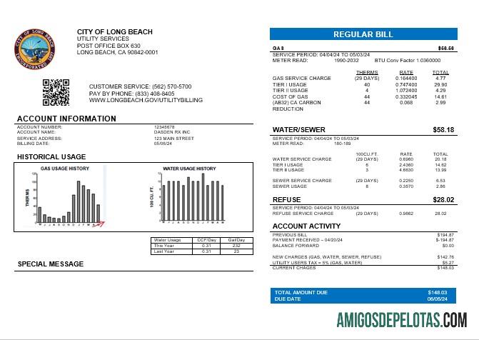 Em branco modelo de conta de serviços públicos da cidade de Long Beach nos EUA em formatos Word e PDF